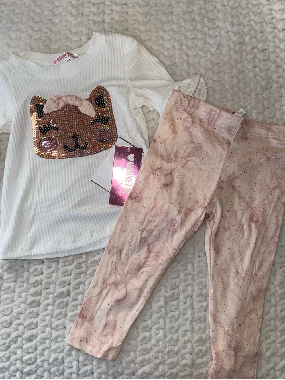 Nannette White Top with Pink Sequin Cat and Pink Marble Leggings Set